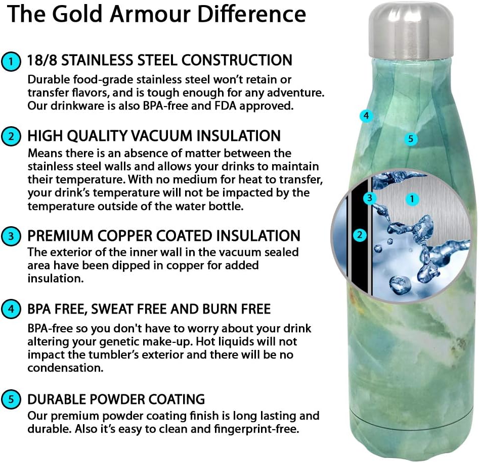 Gold Armour Water Bottle, Leak Proof Double Walled Cola Shape Bottle, Vacuum Insulated Stainless Steel, Hot Cold, Modern Double Walled, Simple Thermo Mug (Pattern: Cumulus, 17oz)
