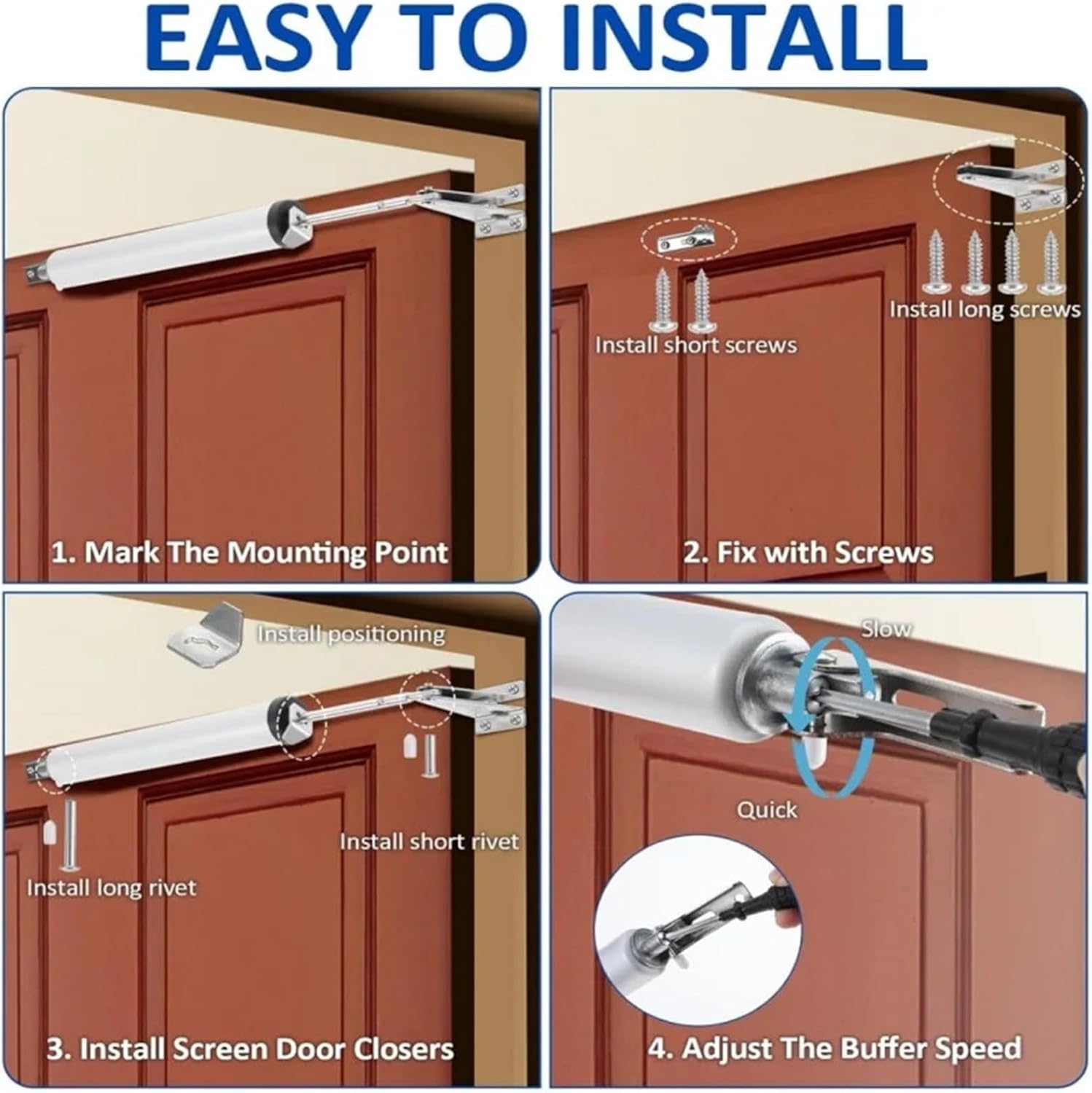 2-Pack Heavy Duty Soft Close Door Closers, Pneumatic Adjustable Speed Door Buffer with Positioning Stop, Interior Door Holder Hardware(2 Set White)