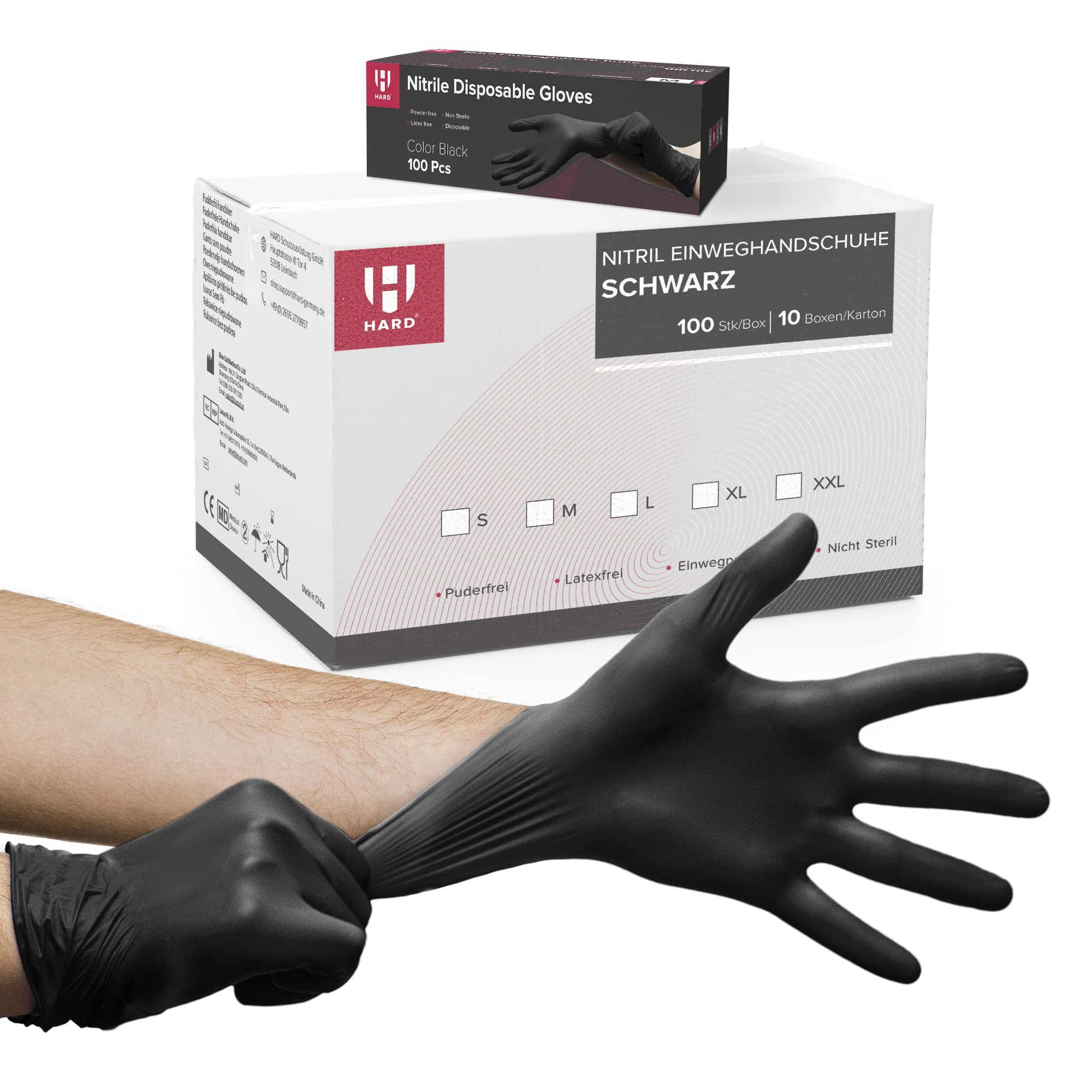 HARD 1000x Nitrilhandschuhe, Einweghandschuhe, Reißfest, Nitril Handschuhe, puderfrei, latexfrei, Einmalhandschuhe, Untersuchungshandschuhe, Black disposible nitrile gloves Box - Größe L - Schwarz