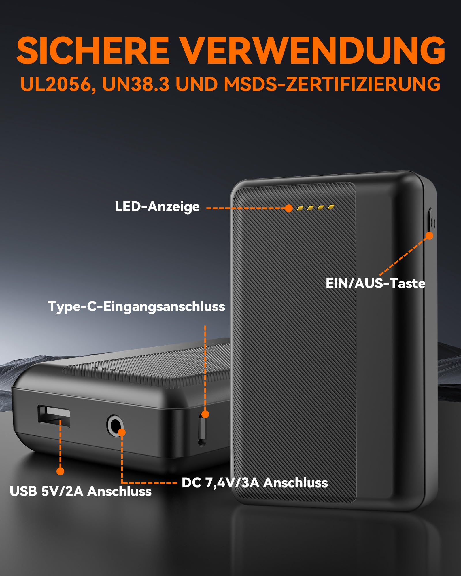 Batterie externe de mise à niveau pour gilet chauffant - 7,4 V 2 A 16000 mAh CC - Batterie rechargeable pour vestes chauffantes ORORO et Venustas - Gilets, pantalons, sous-vêtements - Avec adaptateur