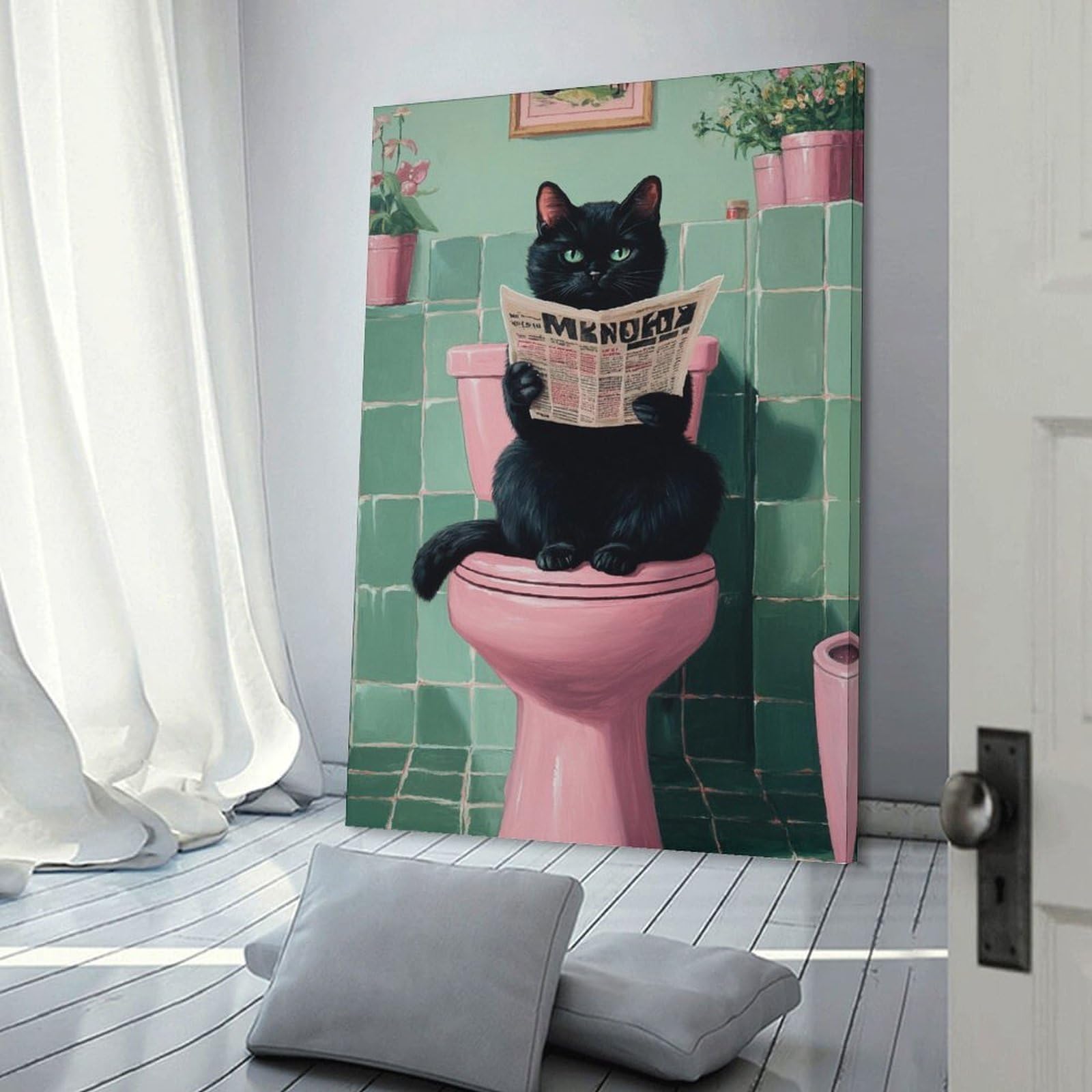 Junmoney Frame-Style-21-1 Canvas Wall Art Black Cat Reading Newspaper, 24X36inch(60X90cm), For New Homes, Bedrooms Or Workspaces, Canvas Artwork With Gifting Potential