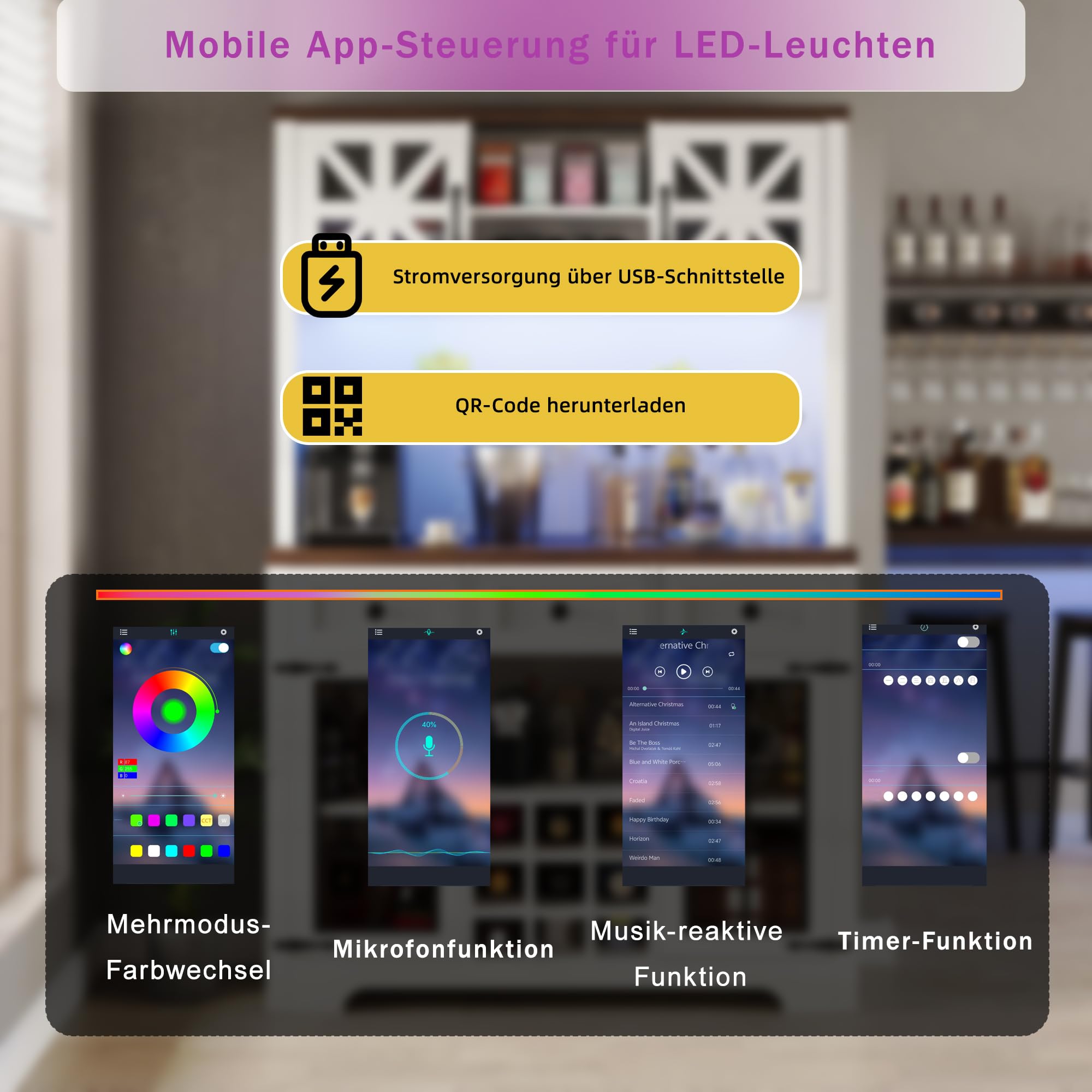 Hochschrank, Küchenschrank mit Smart LED Beleuchtung, fürs Wohnzimmer, Seitenschrank mit Weinregal und Kippsicherung, Verstellbare Einbauregale