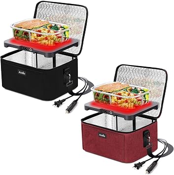 Portable Food Warmer Personal Mini Portable Oven - 12V 24V 110V 3-in-1 Electric Heated Lunch Box for Work, Car, Truck, Travel, Hotel, Potlucks, Home Kitchen Bundle Black and Red