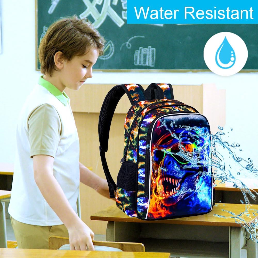 3PCS Dinosaur Backpack for Boys, Water Resistant Kids Bookbag with Lunch Box, 17" School Bag Set for Teenagers Middle Elementary - Sunglasses Dinosaur - Image 7