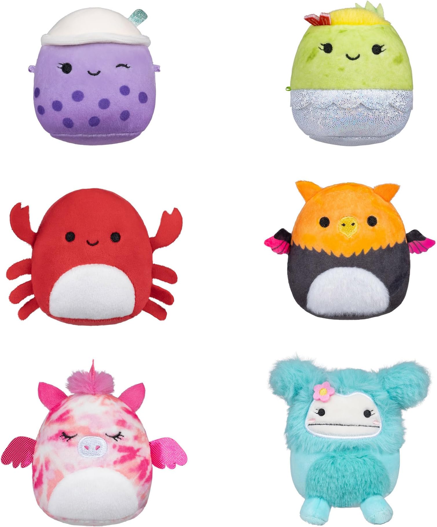 Micromallows Squishmallows Original 6-Pack - Henley the Alicorn, Carlos the Crab, Myrna the Griffin, Poplina the Boba, Anjara the Breakfast Burrito, Joelle the Bigfoot