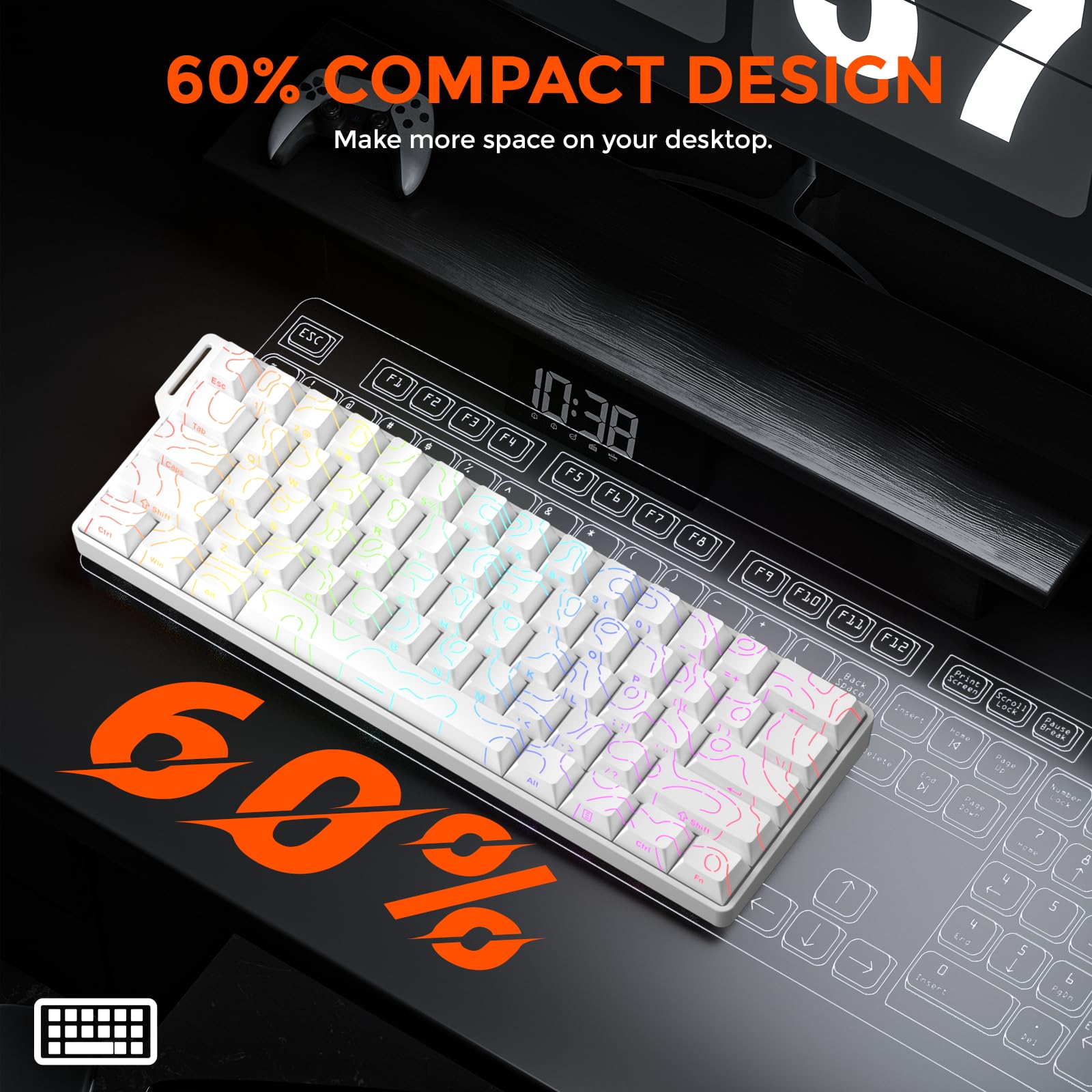 DAREU COOL60 Teclado Mecanico Magnético 8K Hz Rapid Trigger, Teclado con Cable 60% con Teclas Transparentes, 15 Modos RGB, precisión RT de 0,01 mm, actuación Ajustable, para PC/Mac (Blanco) | Teclado con cable 60 % con teclas transparentes, 15 modos RGB,