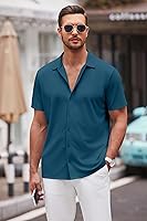 Vista 25 de COOFANDY Camisa casual con botones para hombre, manga corta, sin arrugas, camisa de verano