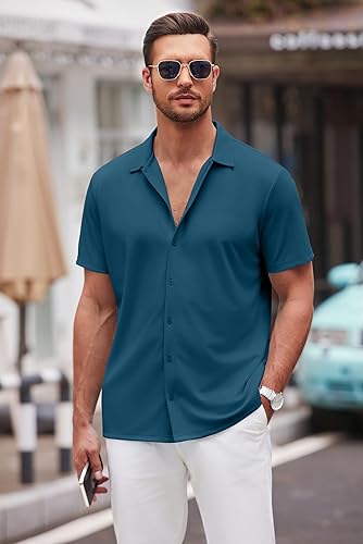 Miniatura 25 de COOFANDY Camisa casual con botones para hombre, manga corta, sin arrugas, camisa de verano