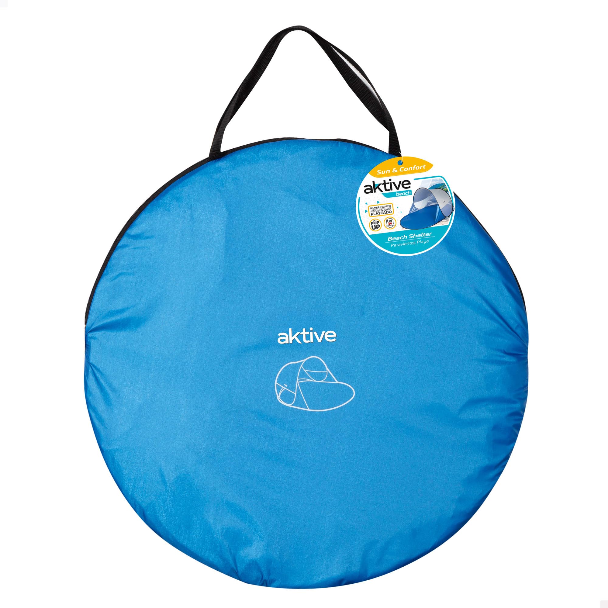 AKTIVE Tenda da spiaggia, Pop up, 120 x 200 x 90 cm, 2 persone, protezione UV50, rivestimento interno argento, include picchetti, colonna d'acqua 300 mm, borsa per il trasporto, tende pieghevoli