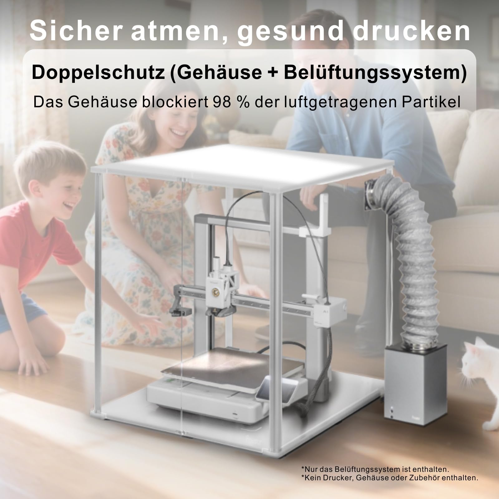 Belüftungssystem für das Bambu Lab A1/A1 Mini Gehäuse, kompatibel mit Bambu Lab P2S/P1S/H2D, Geruchs- & Rauchabsaugung für 3D-Drucker, Aktivkohle + HEPA-Filter, 3 Geschwindigkeiten, V1