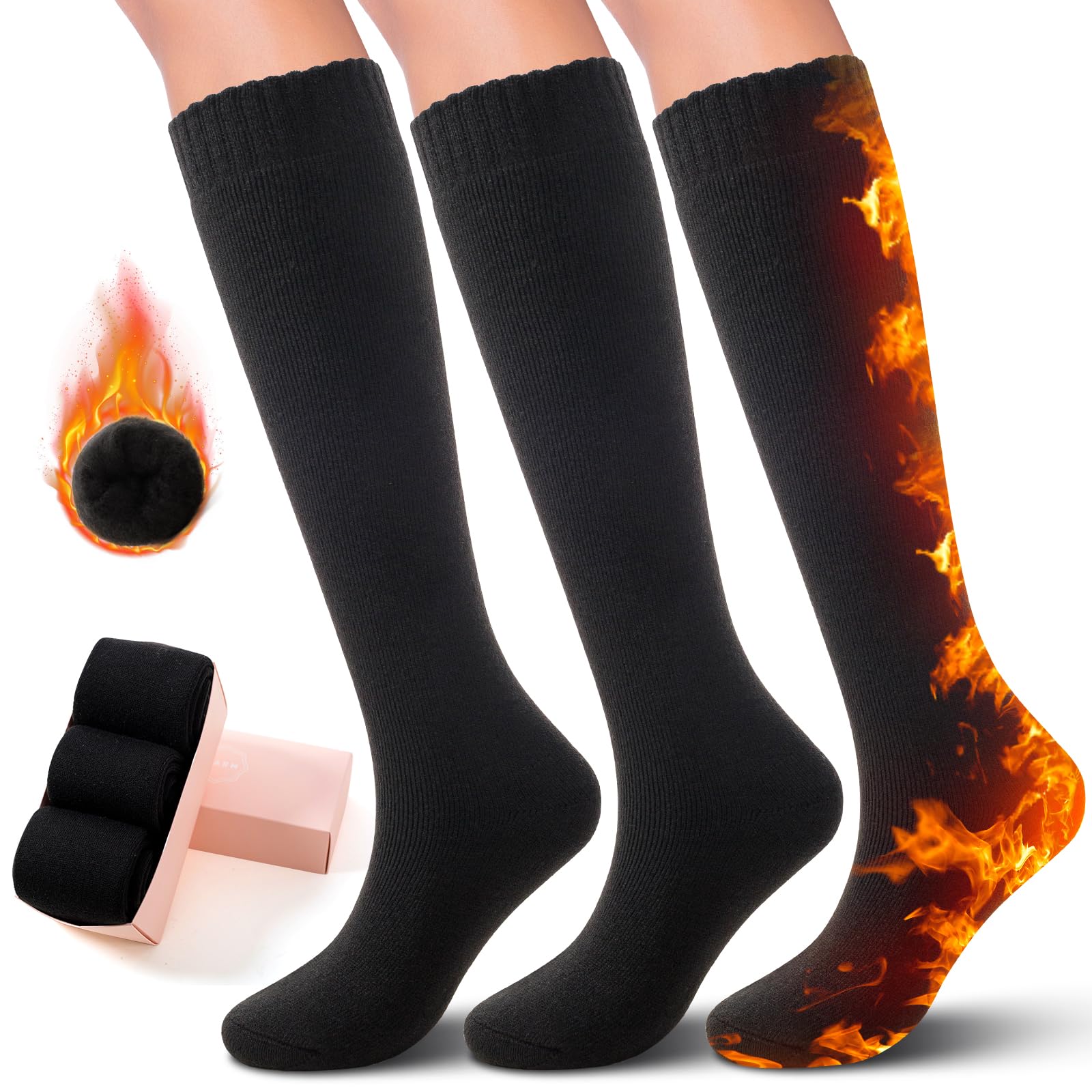 SISOSOCK 3 Pairs Warm Knee High Socks for Women Winter Thick Soft Extreme Cold Weather Thermal Boot Socks