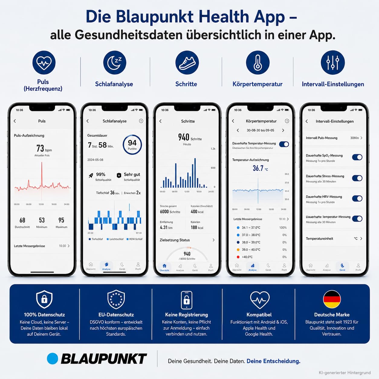 BLAUPUNKT Smart Ring V2 | kein ABO | höchster Datenschutz | Keine Cloudanmeldung | Schritte, Schlaf, Puls, Blutsauerstoff SpO2, Kalorien, HRV, Sport | IP68 | Android und iOS App | Silber | Größe 10