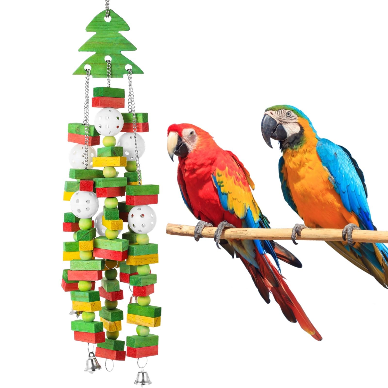 Großes Vogelspielzeug für Papageien, weihnachtliches Hängeholz mit Glocken, Bunte Holzklötze in Tannenbaumform zum Kauen, für Ara, Graupapagei, Edelpapagei, Kakadu, zum Aufhängen im Käfig