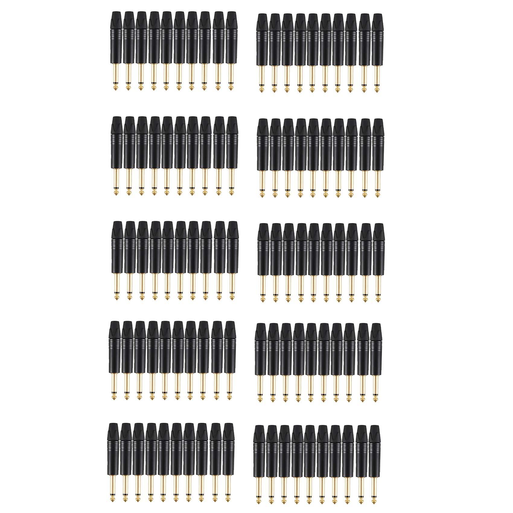Evenden Plaqué or Lot de 100 connecteurs mono professionnels 2 broches 6,35 mm 6,5 mm stéréo jack 6,35 mm mâle jack 6,35 mm Noir