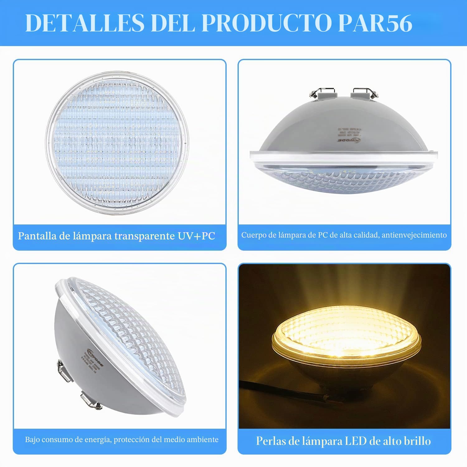 LED iluminación de piscina PAR56, 40W blanco cálido LED luces de piscina IP68 impermeable 12V DC/AC (Blanco Cálido)