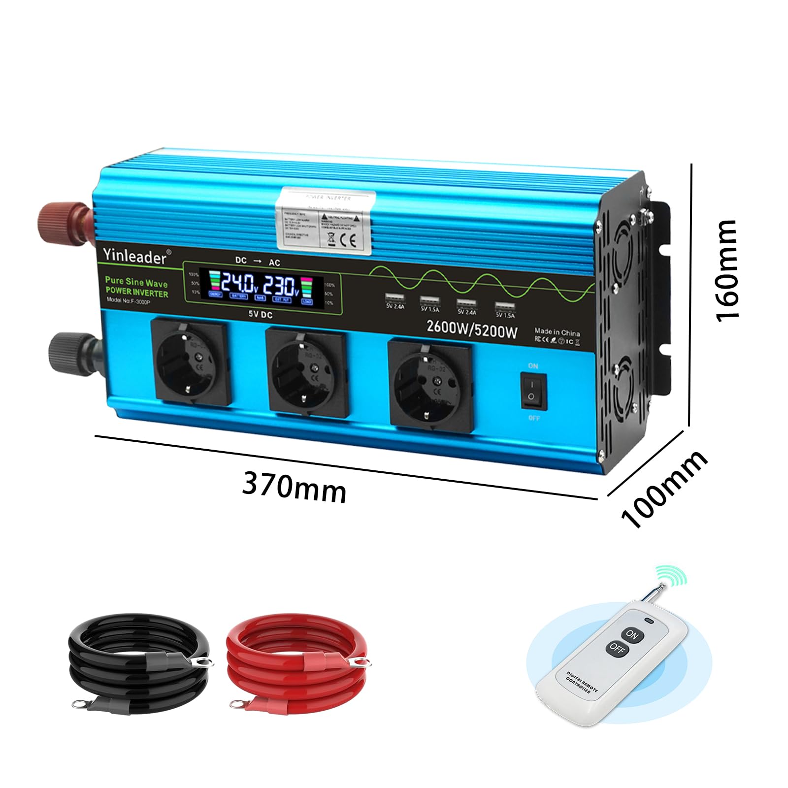 Yinleader 2600W /5200W Wechselrichter 24V auf 230V Reiner Sinus Spannungswandler mit LCD-Display, 3 Steckdosen & 4 USB, Heavy Duty Inverter für LKW, Boot
