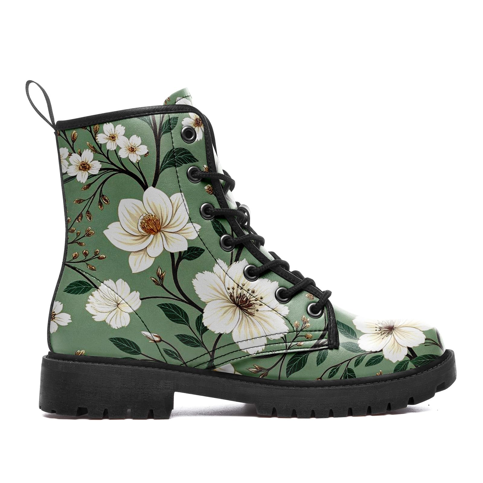 Womens Floral Ankle Boots Bohemian Flower Print Vintage Vegan Leather Combat Boots Comfortable Lace-Up Fashion Booties