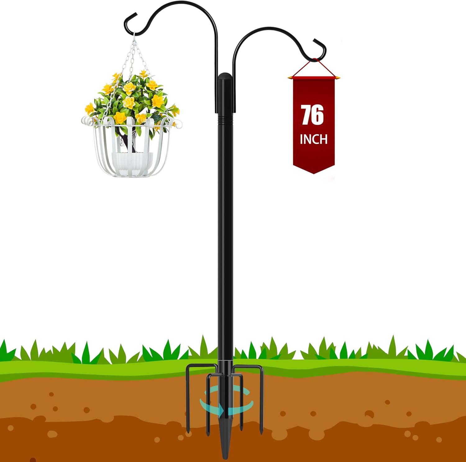 Ottsuls Double Shepherds Hooks for Outdoor, 92 Inch Bird Feeder Pole with 5 Prong Base, Upgrade 1 INCH Thick Heavy Duty Planter Hook for Hanging Baskets, Lantern,1 Pack