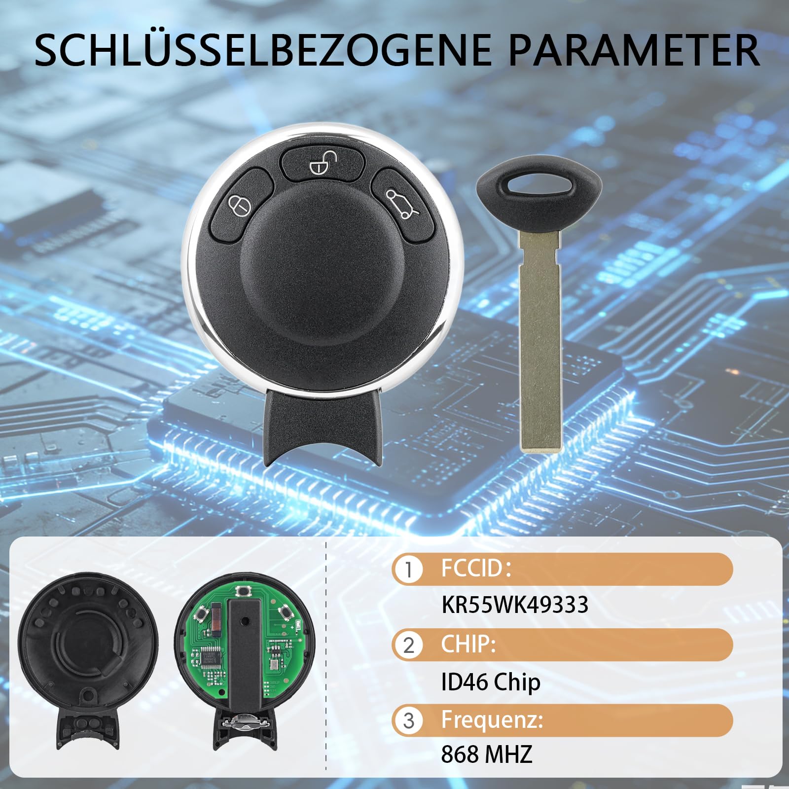 Autoschlüssel Fernbedienung kompatibel mit BMW Mini Cooper, Countryman, Clubman, 868MHz ID46 Chip KR55WK49333