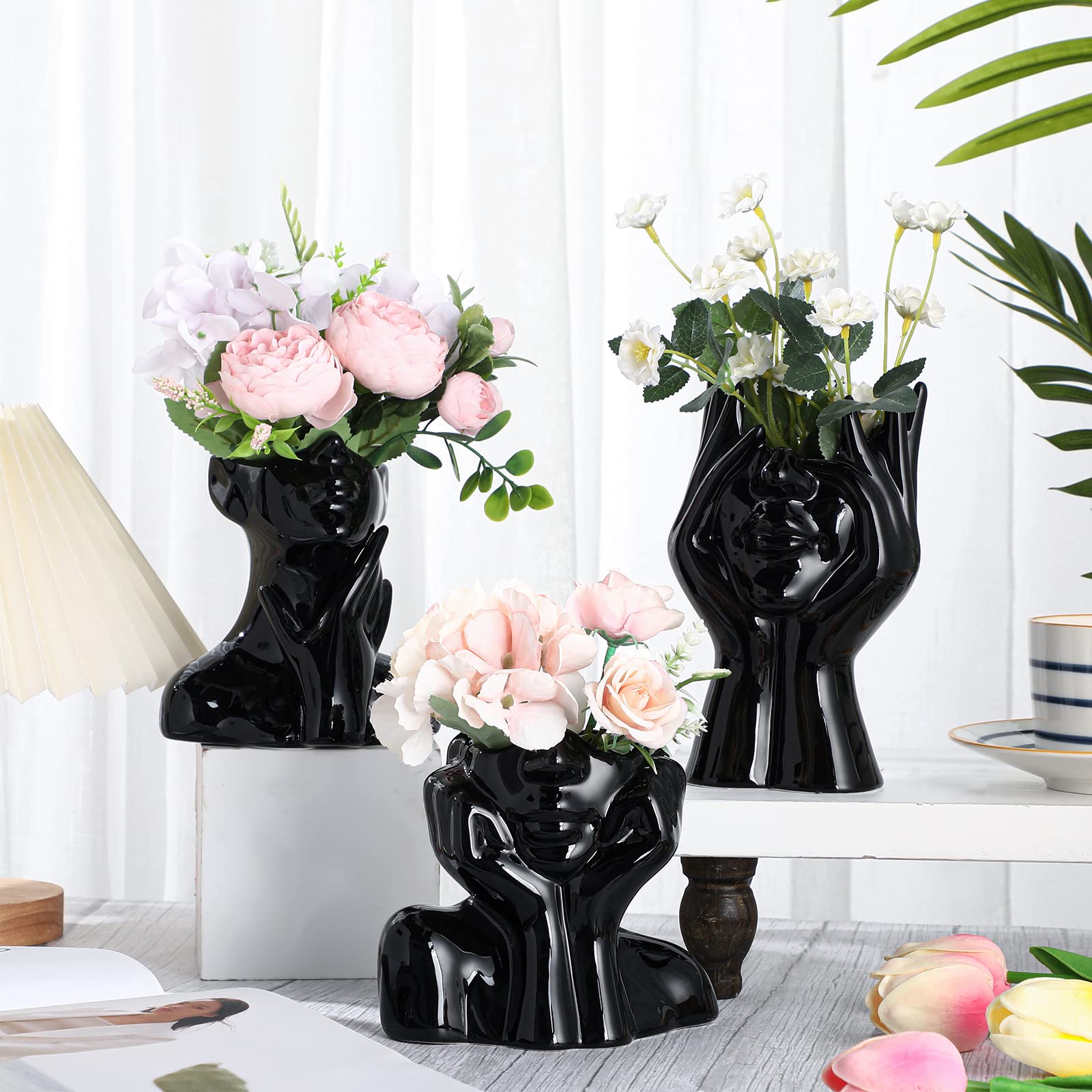 (Imcoplete) 3 Pcs Ceramic Face Vase Female Form Vase Modern Body Vase Decorative Head Vase Head Half Body Bust Vases Face Flower Vases for Decor Centerpiece Home Bedroom Living Room Table Shelf Office (Black)