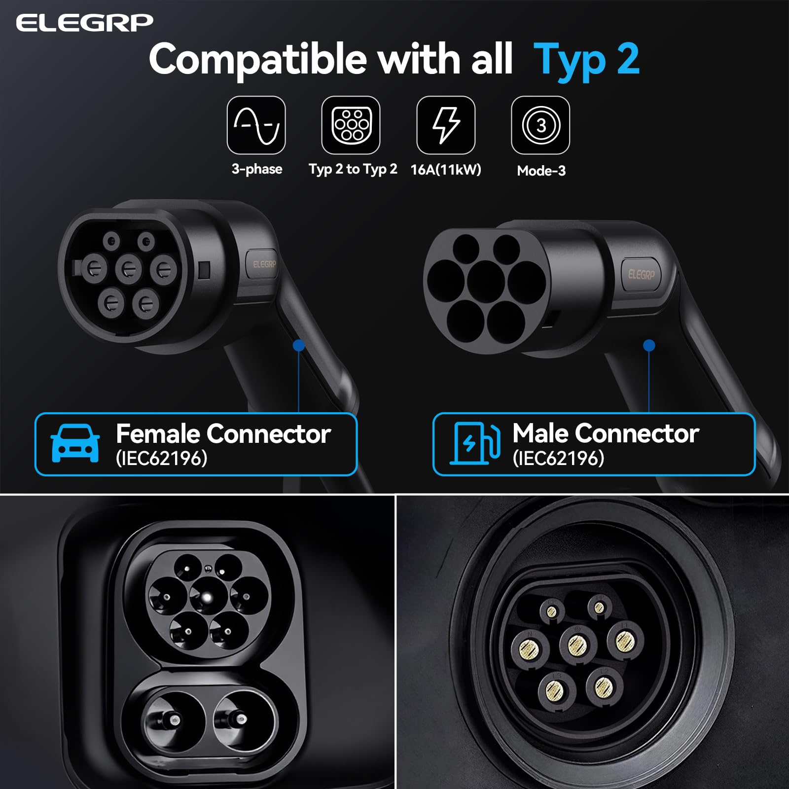 ELEGRP Cavo di ricarica tipo 2, 11 kW, 5 m, 16 A, 3 fasi, tipo 2 a tipo 2, modalità 3, cavo di ricarica per auto elettrica EV/PHEV con custodia, adatto per modello S/3/X/Y, VW ID.3 ID.4 e-Golf e altri