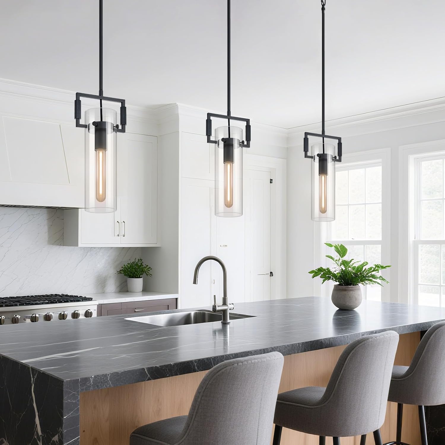 Mondern Black Kitchen Island Pendant Lights,12'' Glass Island Pendant Light,Farmhouses Knurled Pendant Light, for Kitchen,Dining Room,Bathroom,Bulb Included