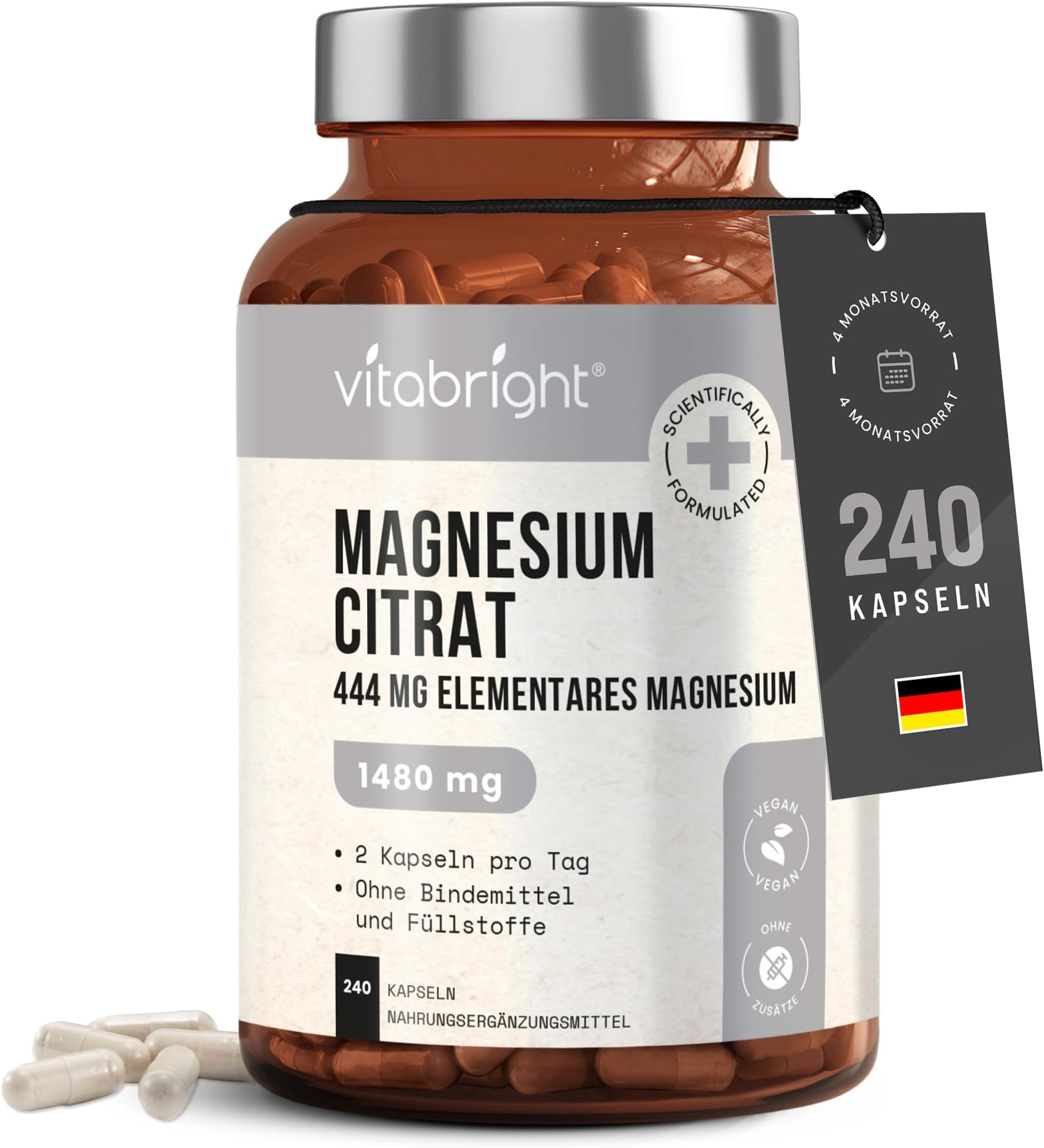 Magnesium Citrate 1480mg with 444mg Elemental Magnesium per Serving - 180 Super Strength Capsules -3 Months Supply - for Healthy Bones & Muscle Function - Daily Vitamins Supplements for Men & Women
