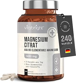 Magnesium Citrat Kapseln 444 mg Elementares Magnesium | 1480 mg Magnesiumcitrat Gepuffert | 240 Vegane Kapseln | Hochdosiert | 120 Portionen | VitaBright