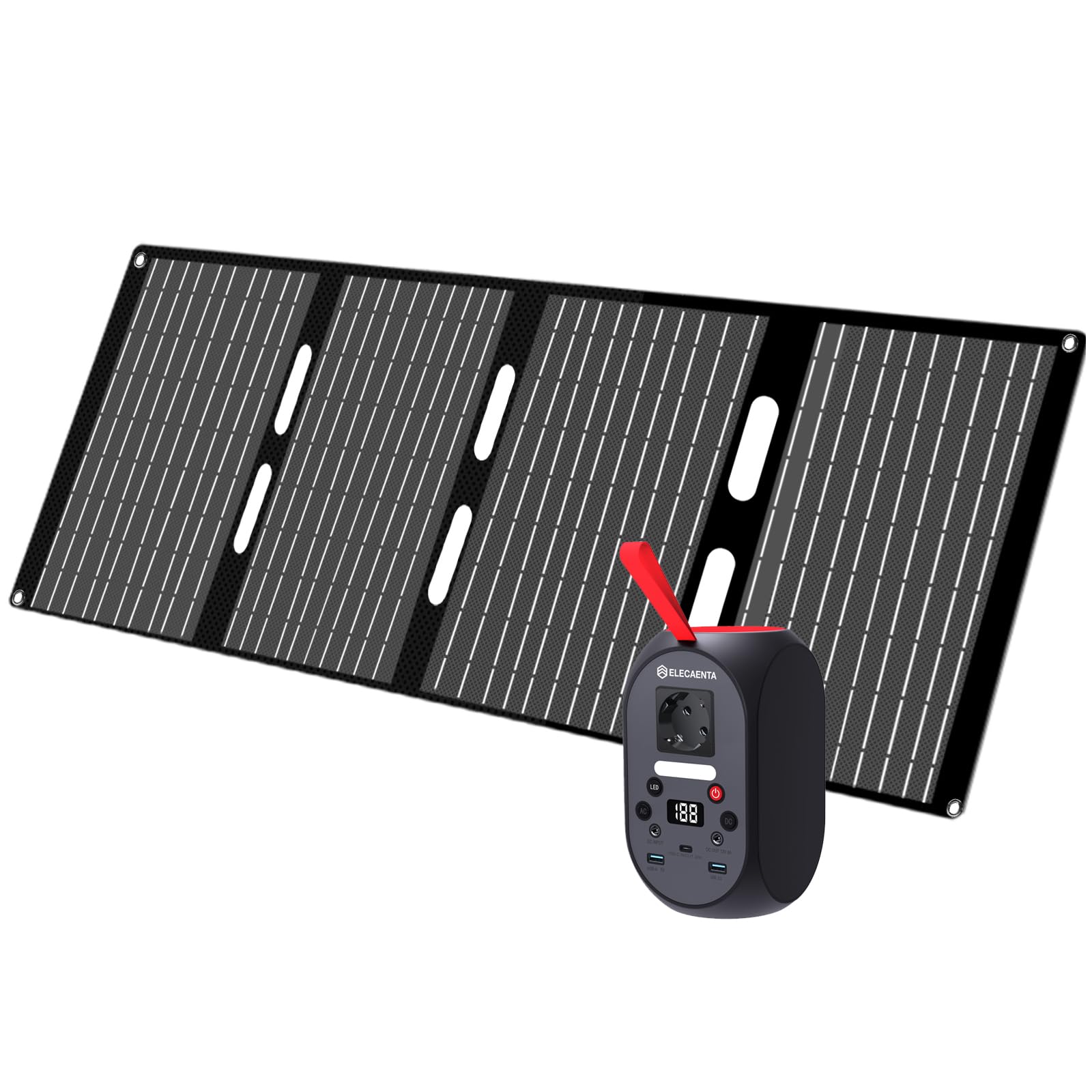 ELECAENTA Tragbare Powerstation 99Wh LiFePO4-Akku mit 60W Solar Ladegerät, 120W Solar Generatoren mit PD 30W/AC/DC Ausgabe Back-up-Akku für Outdoor Camping und Notfälle