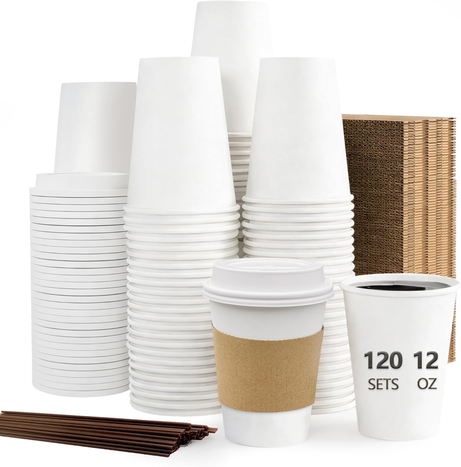 120 Pack 12 oz Leak-Proof Coffee Cups with Lids, Sleeves, and Stirrers, Disposable To Go Hot Travel White Paper Cups, Hot Chocolate, Cocoa, Tea for Home, Cafes, Coffee Bar