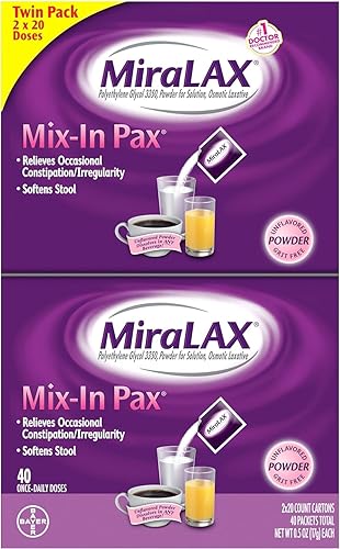 MiraLAX, Polvo laxante para aliviar el estreñimiento suave, paquetes de dosis única, 40 unidades (2 x 20 dosis)