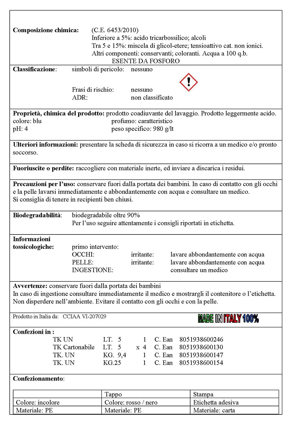 PIP Brillantante Lavastoviglie Professionale, Additivo Lavastoviglie, Pulizia Rigenerante, Anticalcare, Detergente Industriale, Tanica TK 25 Kg, Ho.Re.Ca., HACCP
