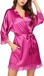 Ekouaer Womens Silk Robe Short Lace Trim Satin Robe 3/4 Sleeve Sexy Kimono Bride Bathrobe Comfy Sleepwear with Pockets