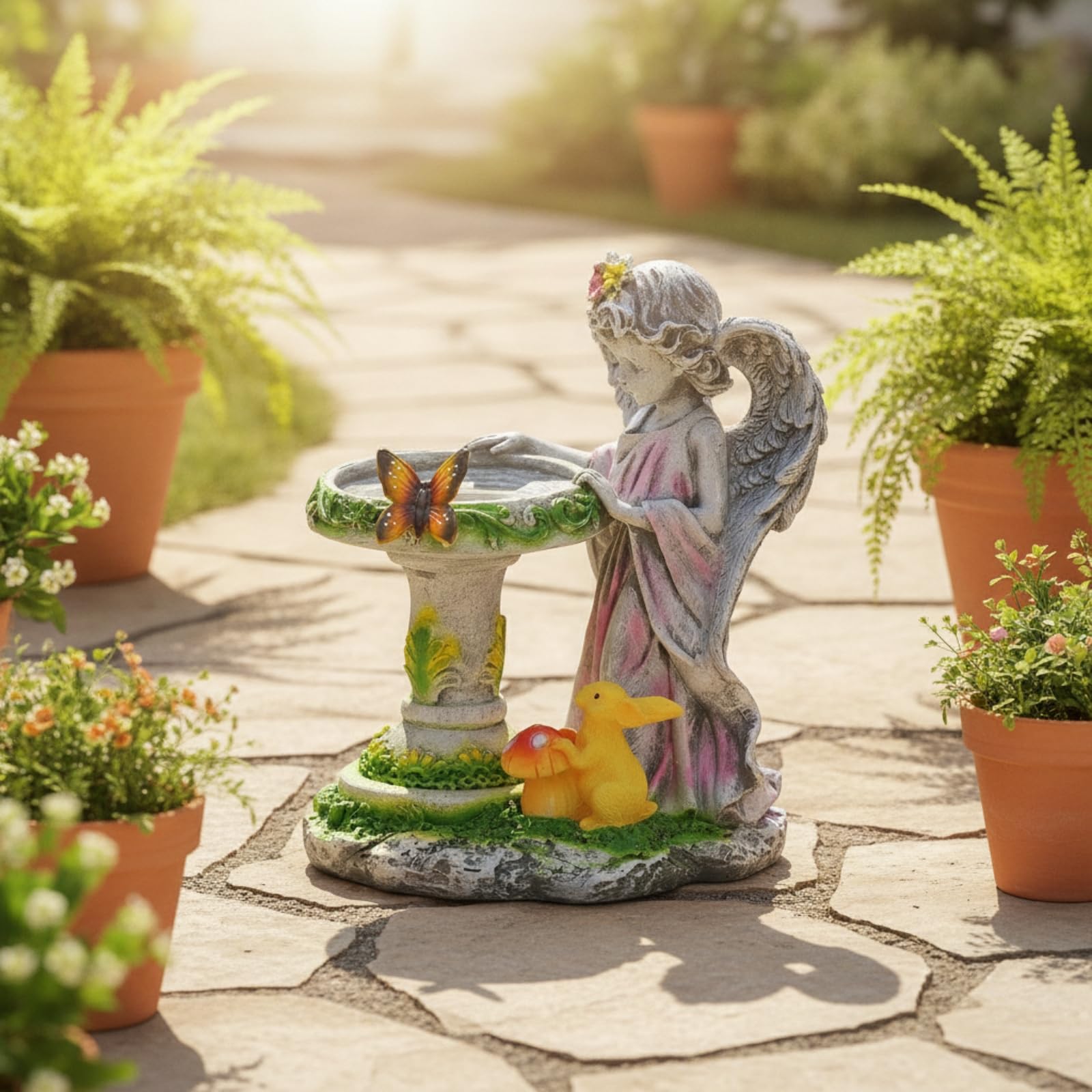 Scultura Angelo da Giardino con Bacinella Alimentata Dal Sole Resina Resistente Agenti Atmosferici Decorazione con Panneggio E per Terrazza Aiuola Cortile Ingresso Esterno