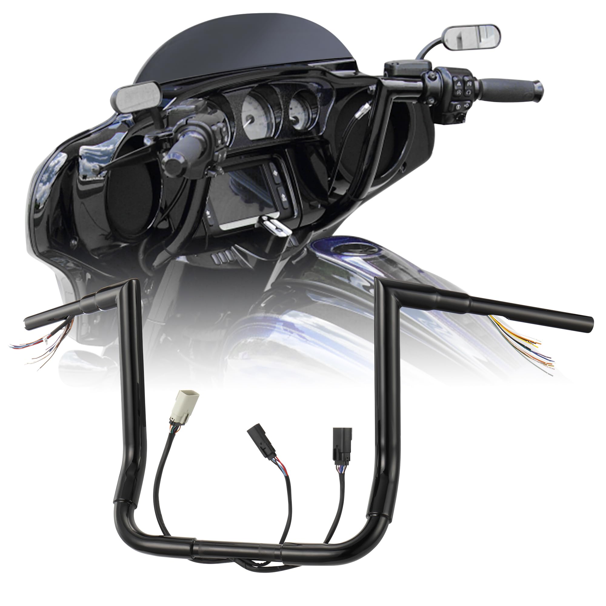 Pre-wired 1 1/2" Fat Ape Hanger 14" Rise Bagger Handlebar for Harley 2008-2013 Street Glide/Electra Glide/Ultra Limited Prewired CAN-Bus Wire and TBW