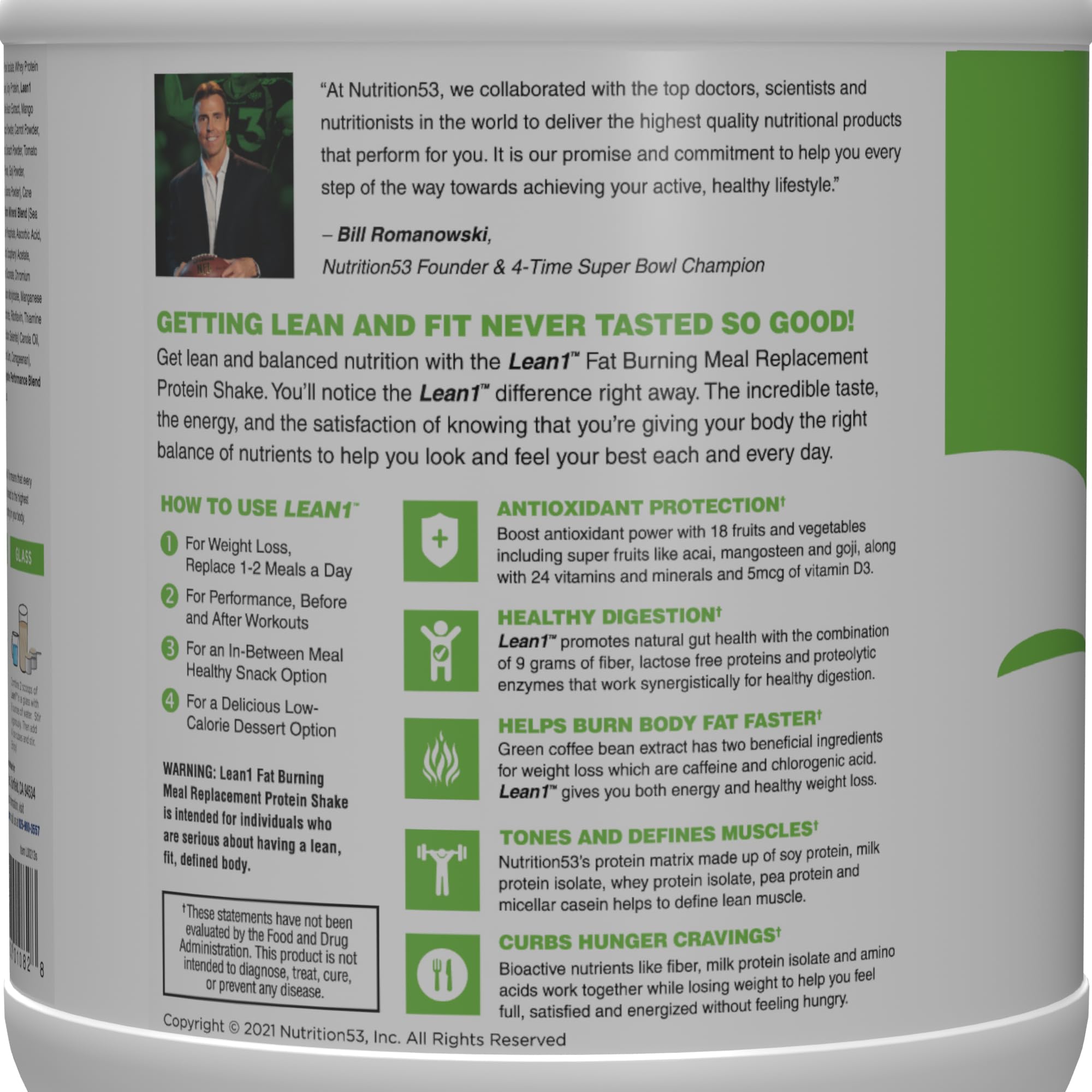 Nutrition 53 Lean 1 Fat Burning Protein Shake, Vanilla Flavor, 15 Serving Tub — Amazon image 4