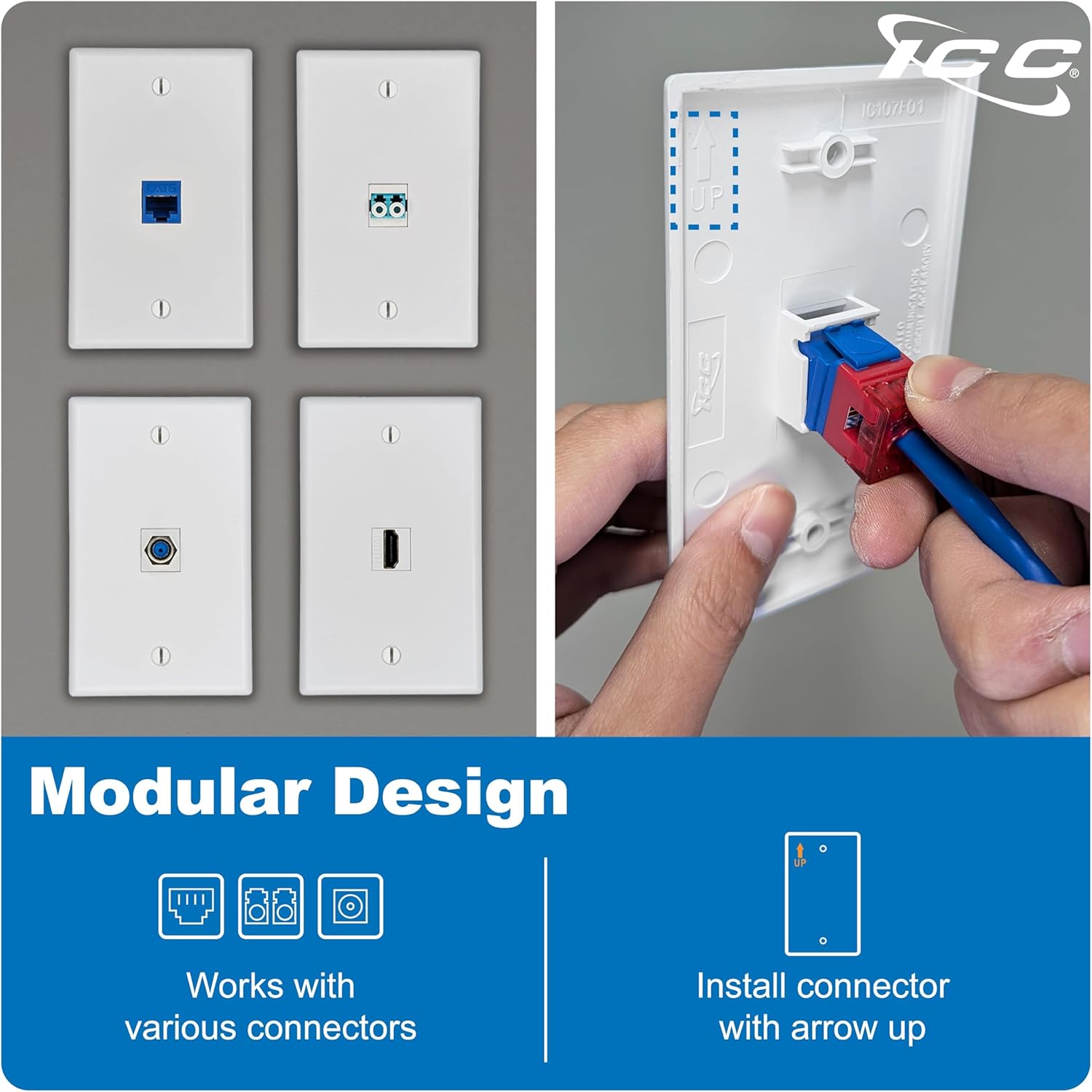 ICC 1-Port Keystone Wall Plate (25 Pack), UL Listed, Durable ABS Plastic, Single Gang Wall Plate for RJ45 Modular Jack and Inserts, White