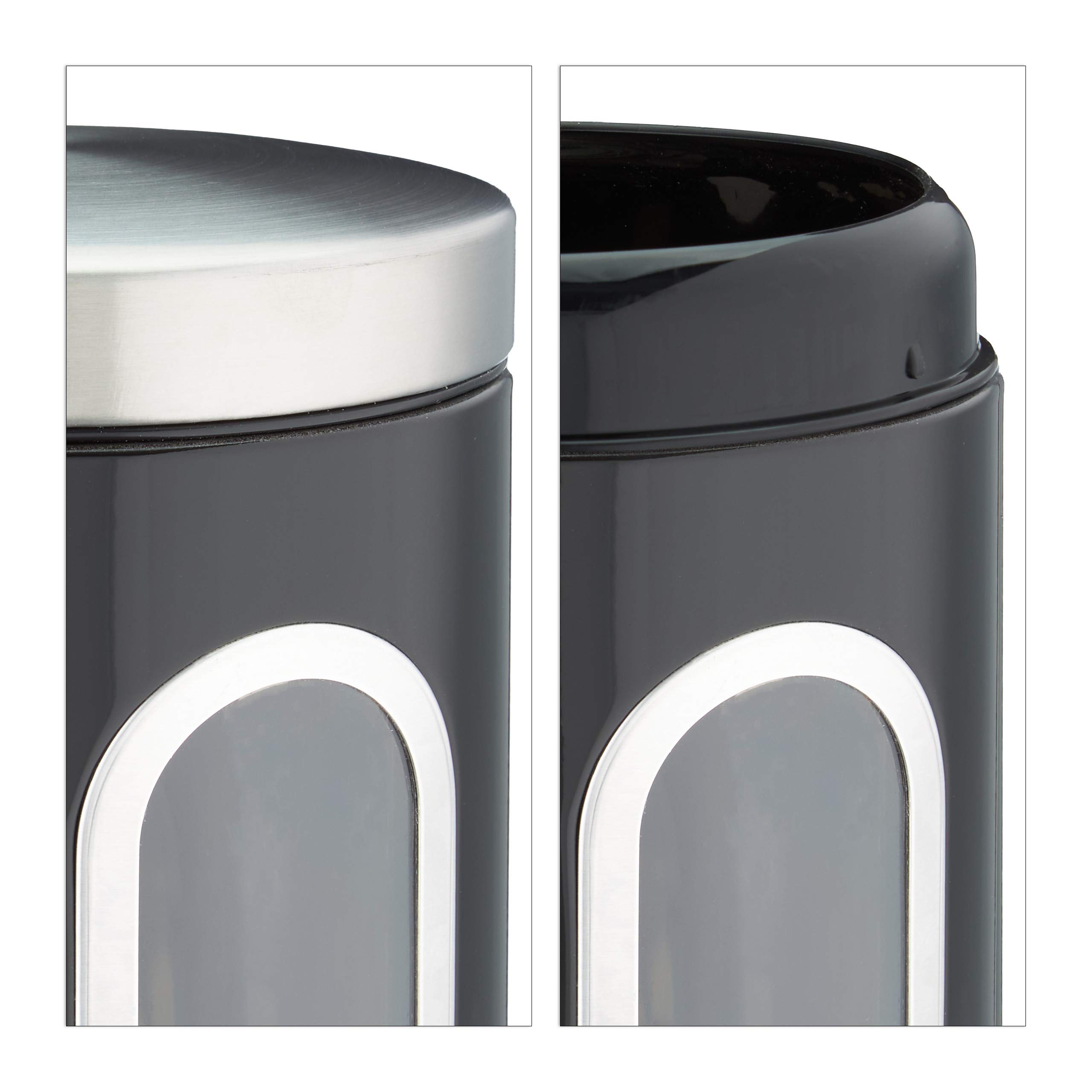 Relaxdays 4x Barattolo, con Coperchio, Finestra Trasparente, 1,4 L, Caffè, Sale, Zucchero, Pasta, Cucina, Metallo, Nero