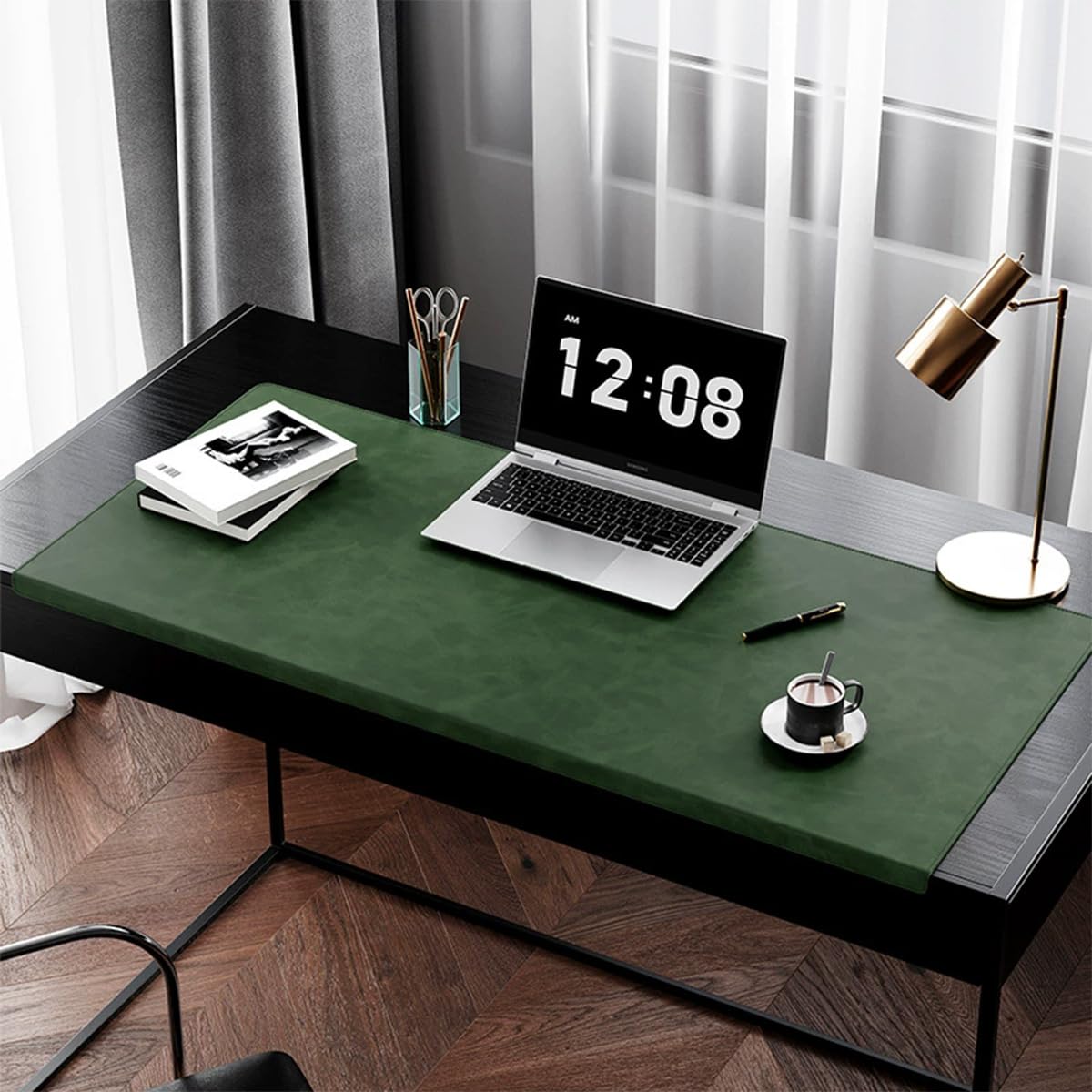 Leather Edge-Locked Desk Pad with Edge Protector, Office Extended Keyboard Mouse Mat for Work Typing, Waterproof Smooth Study Desk Writing Mat Table Blotter (Dark Green,100x43cm)