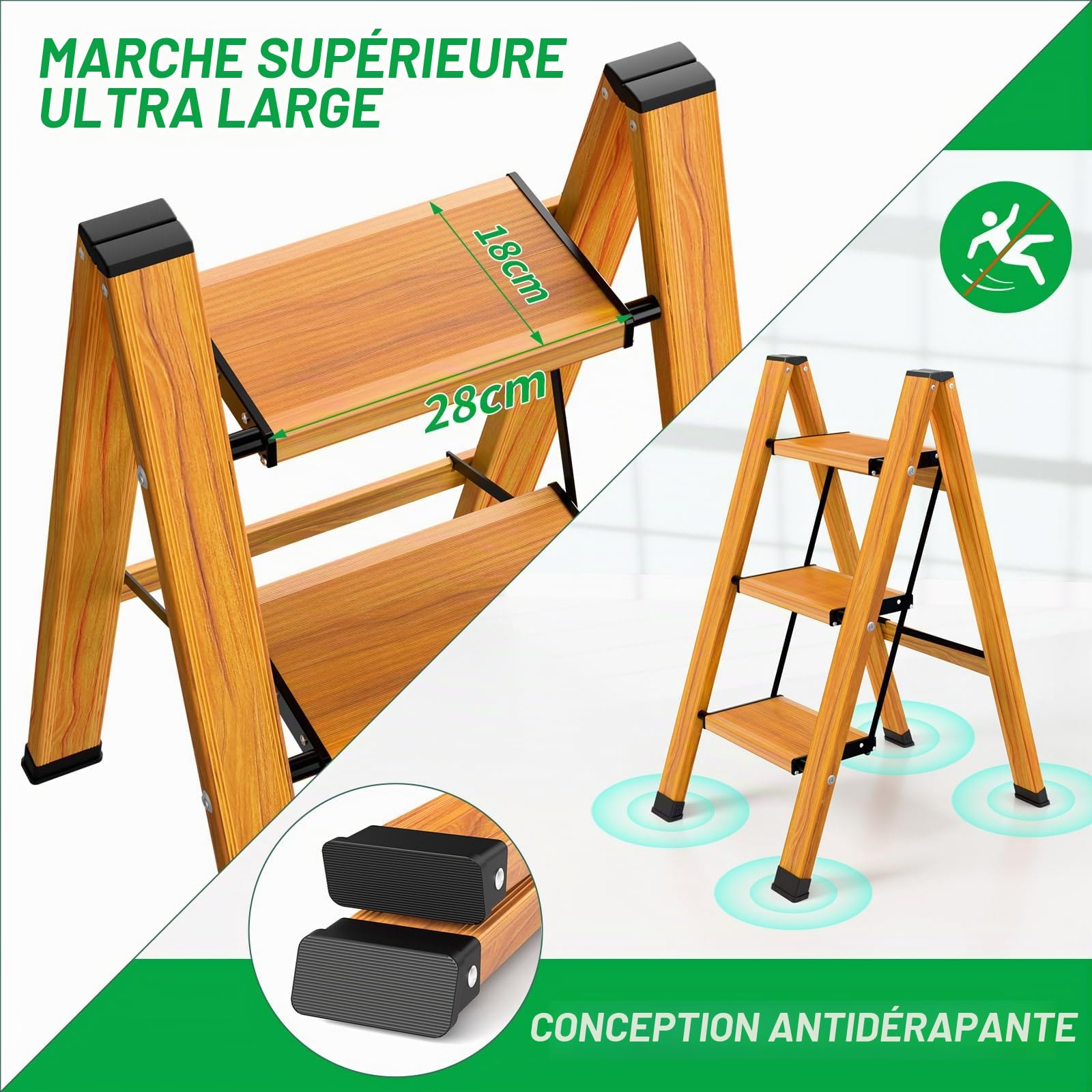 Échelle pliante à 3 marches en aluminium, portable, antidérapante, multifonction, avec design grain de bois, charge maximale : 150 kg, pour la maison, la cuisine, la salle de bain, le camping