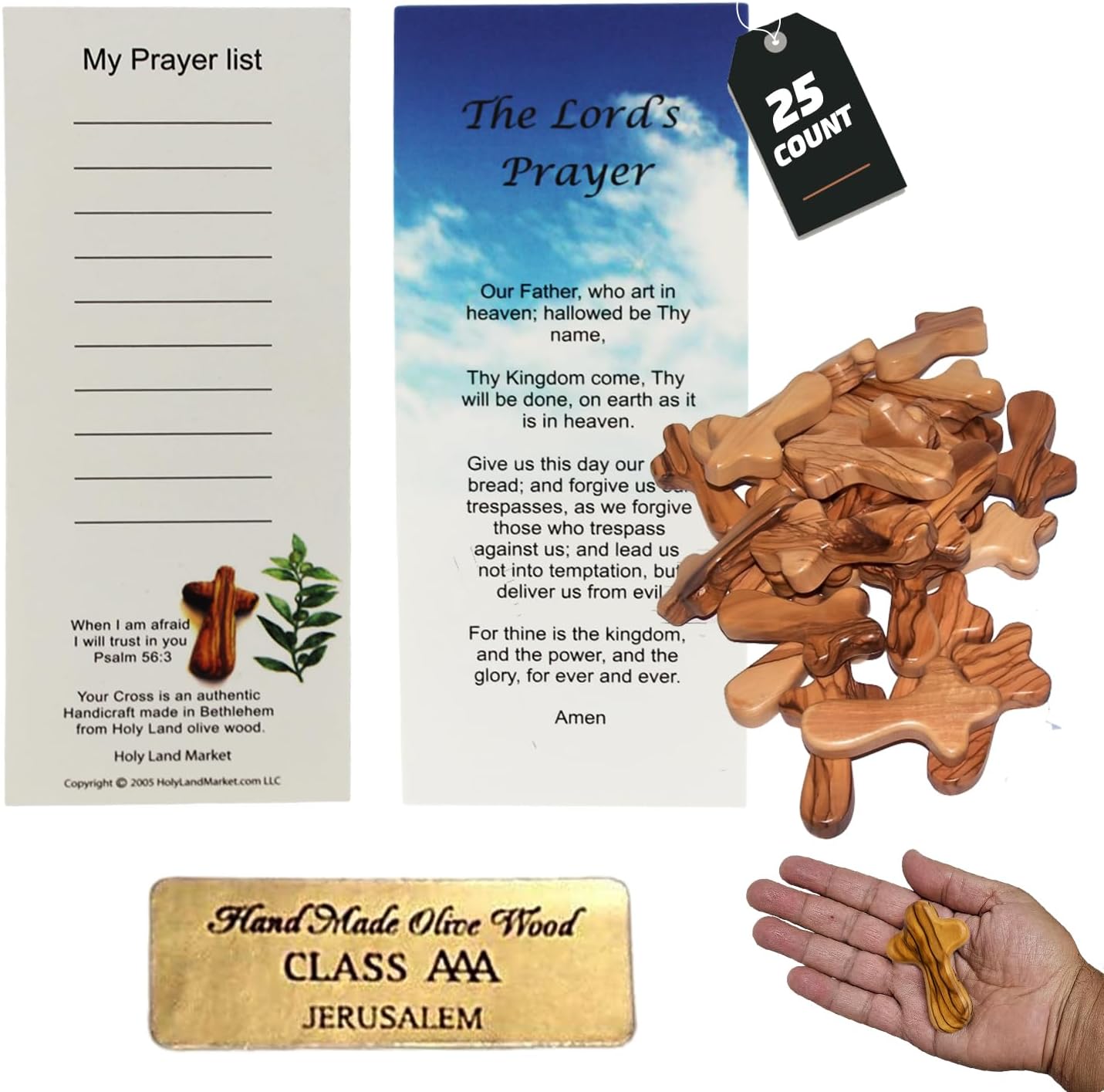 Holy Land Market Olive Wood Crosses - 25 Small 2.5" Pocket Palm Crucifix | Handmade Jerusalem Crosses with Certificates & Lord Prayer Card | Meditation & Prayer Crosses Holy Land Olive Wood Cross x25