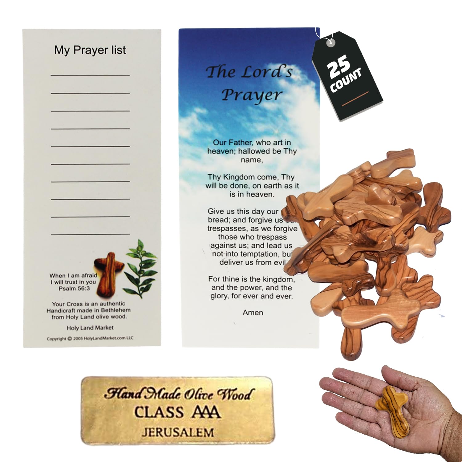 Holy Land Market Olive Wood Crosses - 25 Small 2.5" Pocket Palm Crucifix | Handmade Jerusalem Crosses with Certificates & Lord Prayer Card | Meditation & Prayer Crosses Holy Land Olive Wood Cross x25
