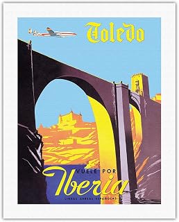 Toledo Spain - The Imperial City - Vuele Por (Fly by) Iberia Air Lines of Spain - Vintage Airline Travel Poster c.1950s - Fine Art Rolled Canvas Print 20in x 26in