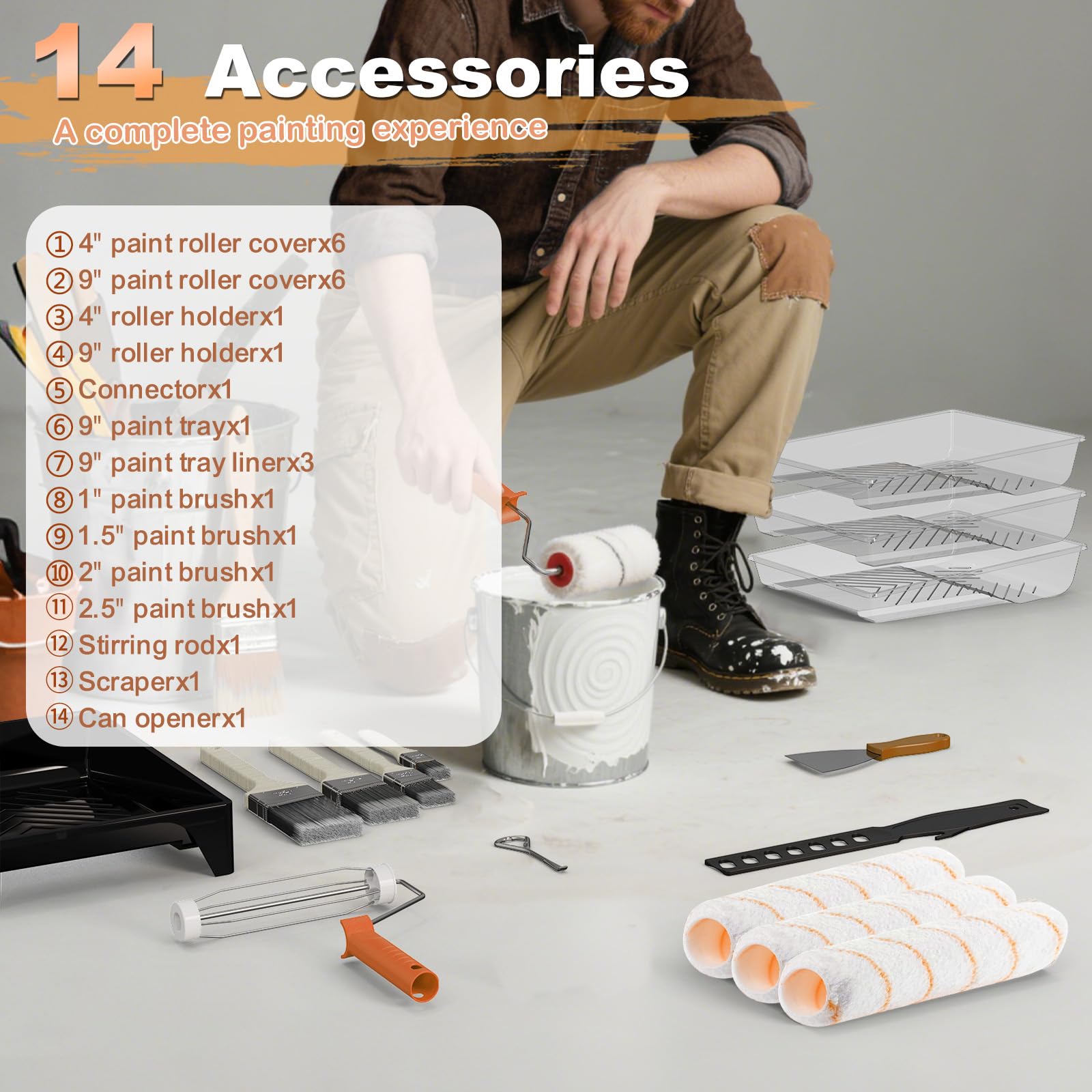 LAANPOLE 27-teiliges Farbroller Set & 6m Reinigungs-Set mit zwei Stangen – Malerset mit 1,3m Teleskopstiel, 23cm & 10cm Rollen, Pinsel + Staubwedel, Spinnwebenbesen, Fensterabzieher