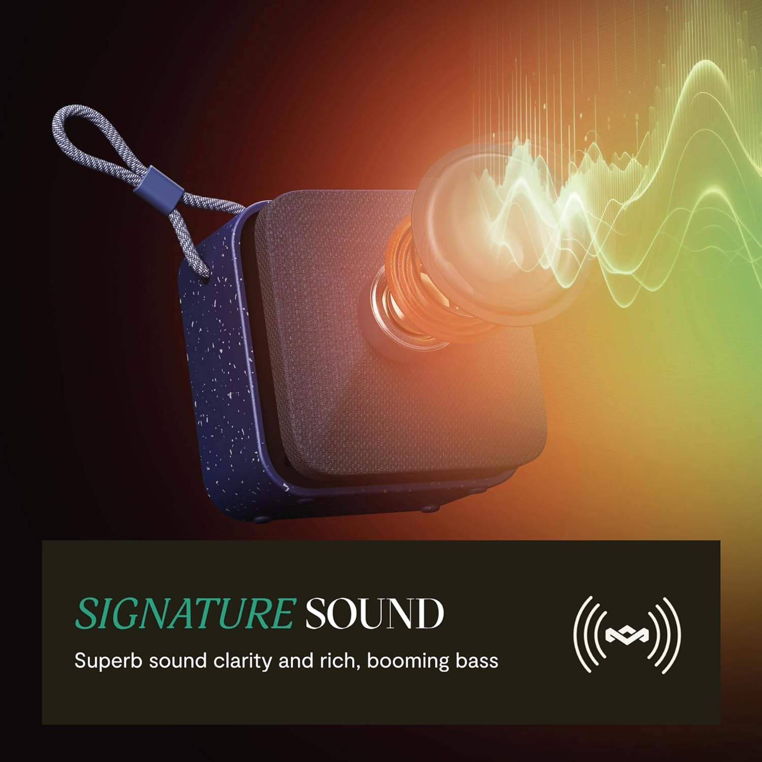 House of Marley Rise Up speaker with graphic representation of sound waves, indicating high-quality audio.