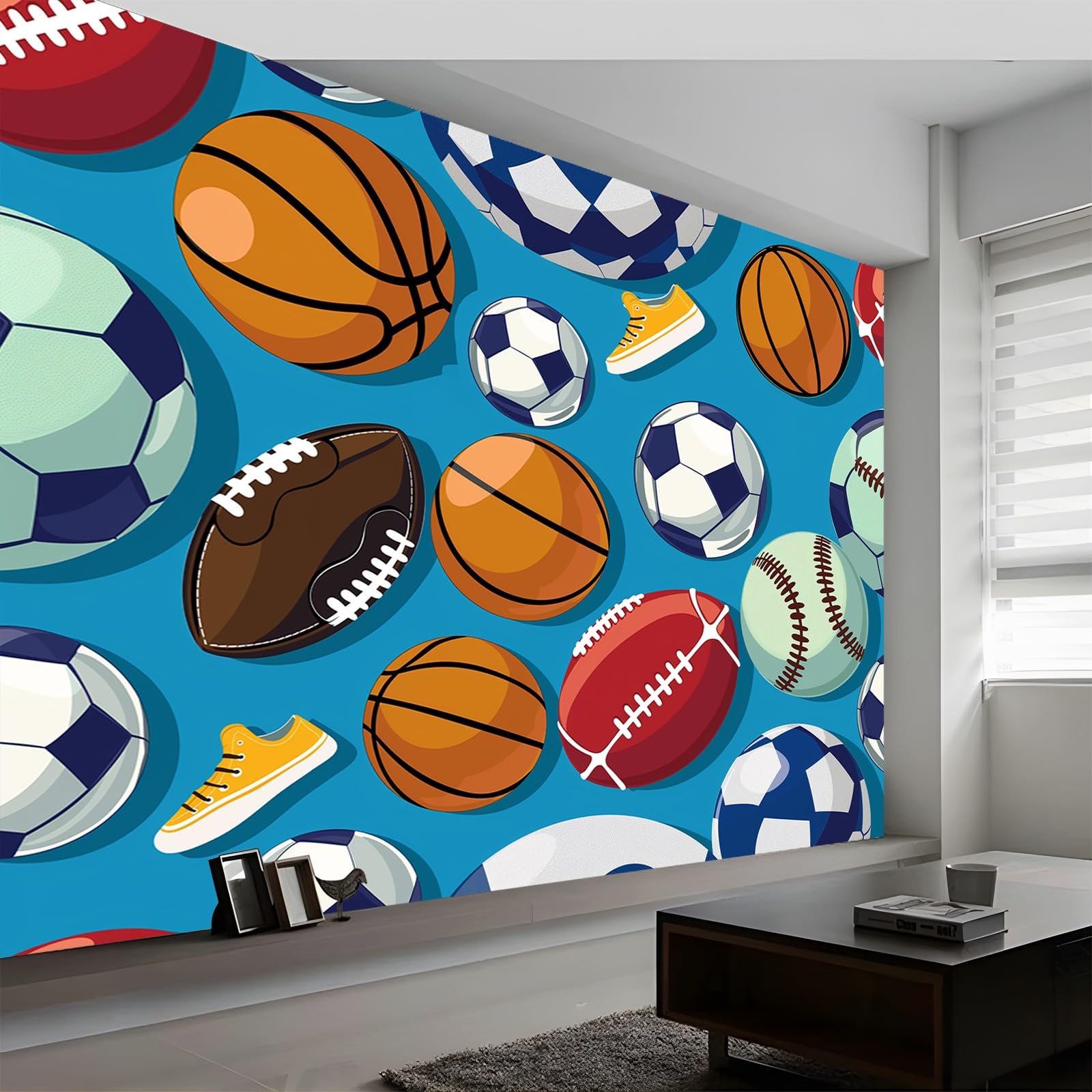 Fototapeta 250 x 175 cm, z kreskówki, piłka nożna, koszykówka, efekt 3D, tapeta z włókniny, nowoczesna tapeta ścienna, do salonu, sypialni, pokoju dziecięcego, kolorowa, idealna do kuchni i różnych