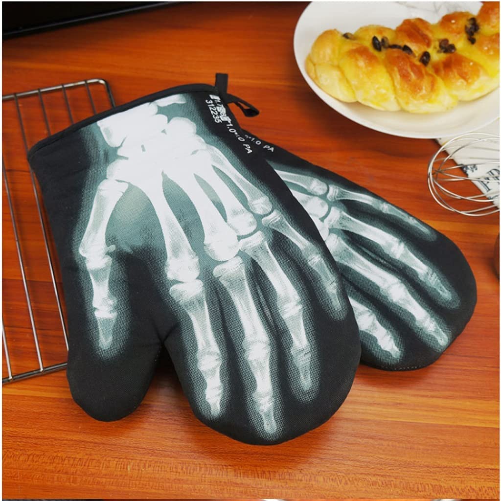 Gants de Cuisine Gants De Four en Coton Épais Isolation Thermique Mignonne Haute Température Et Anti-brûlure pour Four À Micro-Ondes Domestique, 2 Pièces Manique(Skeleton Gloves)