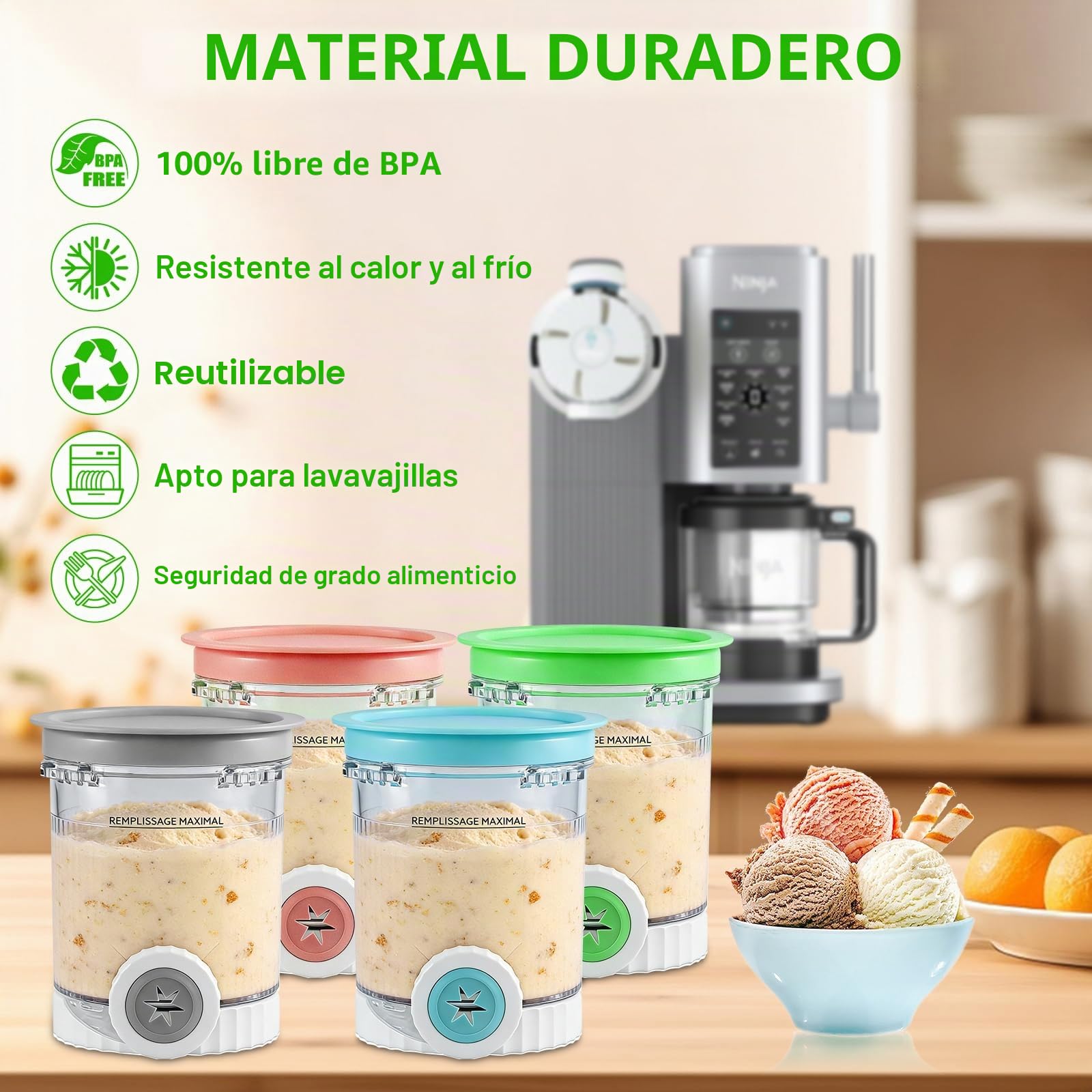 Qingning 4pcs Recipiente para Ninja Swirl Creami,480ML Recipiente de Helado | para Ninja Creami Swirl NC701 y NC700 Series, Recipientes para Helado con Tapa, Libres de BPA, Apto para Lavavajillas