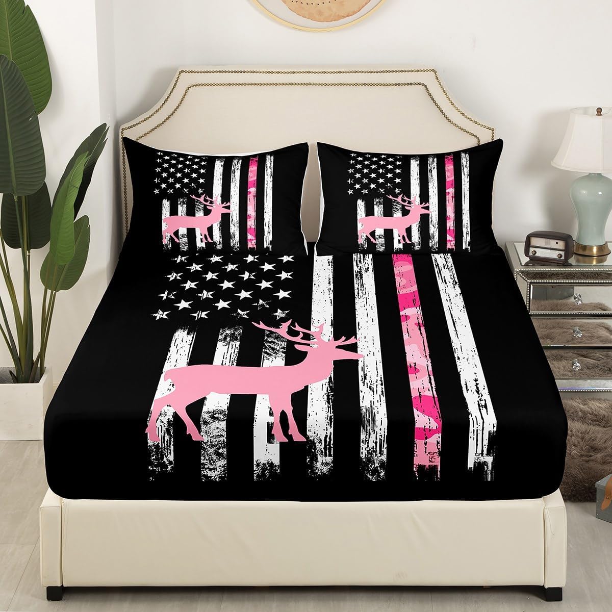 Feelyou American Flag Bed Sheets Set Cute Deer Sheet Set Deer Hunting Sheets with Deep Pocket Fitted Sheet for Women Men Room Decor Western Farmhouse Bedding Set Queen Size with 2 Pillow Case