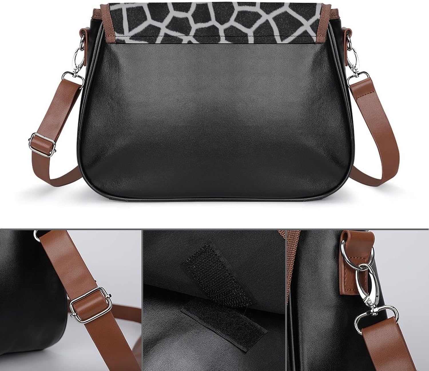 Black And White Giraffe PrintWomen's Faux Leather Crossbody Bag, Waterproof Wrinkle-Resistant Shoulder Bag with Detachable Strap, Large Capacity Casual Handbag, Fashion Daily Purse for Shopping Work D